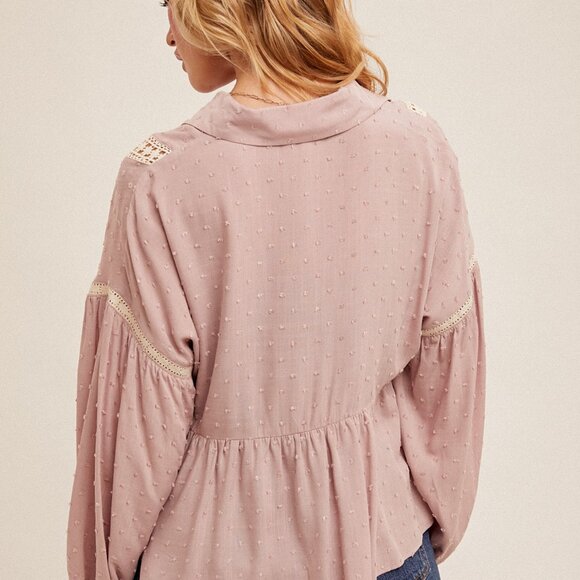 HEM & THREAD Mauve Swiss Dot Lace Trim Blouse, Boho Peasant Top with Tie Front - Picture 2 of 5